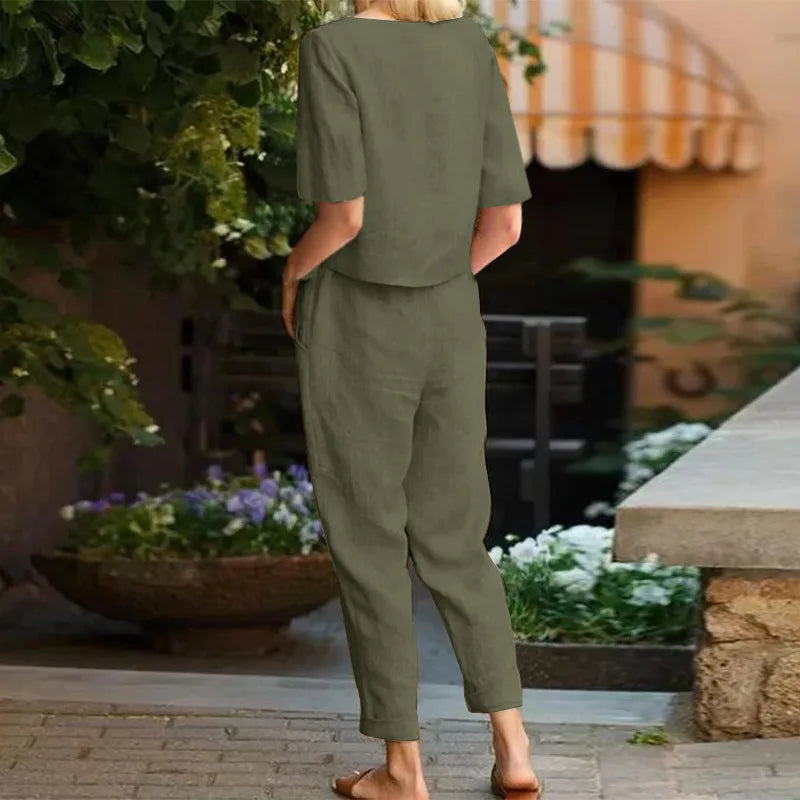 Fashion Women's Cotton Hemp Summer Khaki 2 Pc. Pant Set