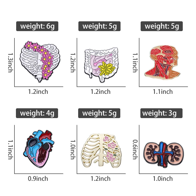 Floral Organs Enamel Pins Custom Rib Cage Heart Intestine Nervous