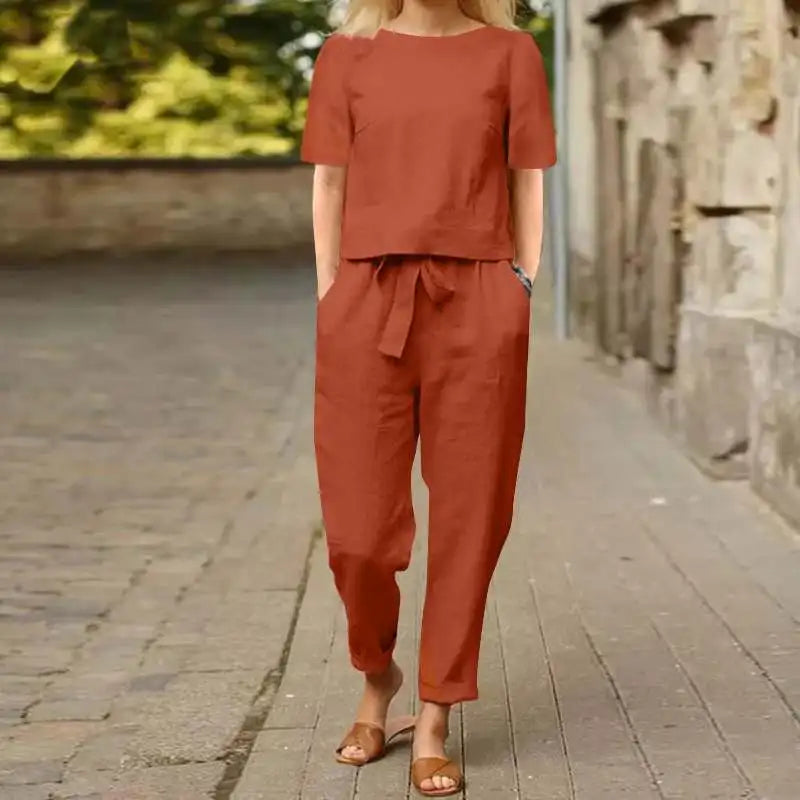 Fashion Women's Cotton Hemp Summer Khaki 2 Pc. Pant Set