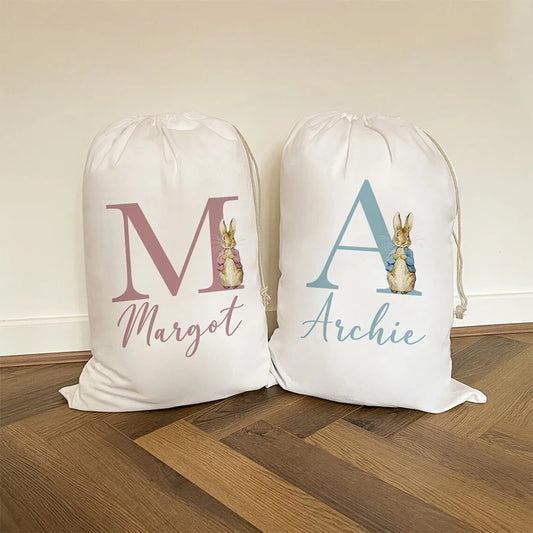 Personalised Letter Initial Pink/ Blue Bunny Rabbit Drawstring Bag