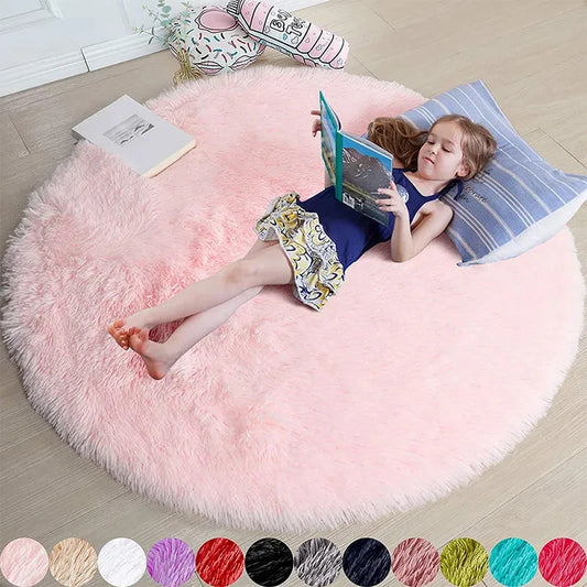 Fluffy Round Rugs For Girls Bedroom Soft Shaggy White Carpet In The