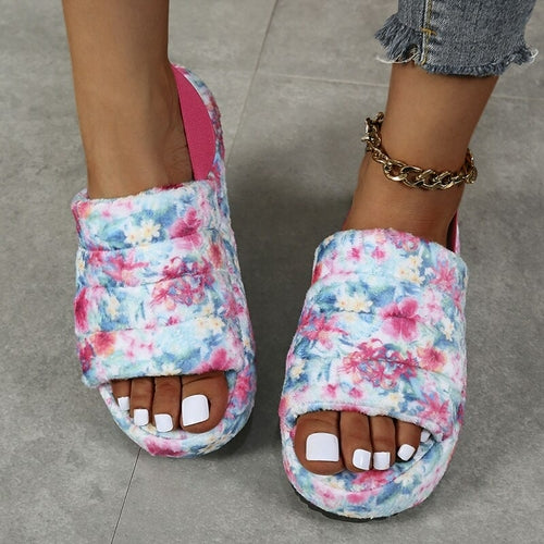 Winter Women Heel Slides Elastic Cloth Thick Sole Hair Slippers