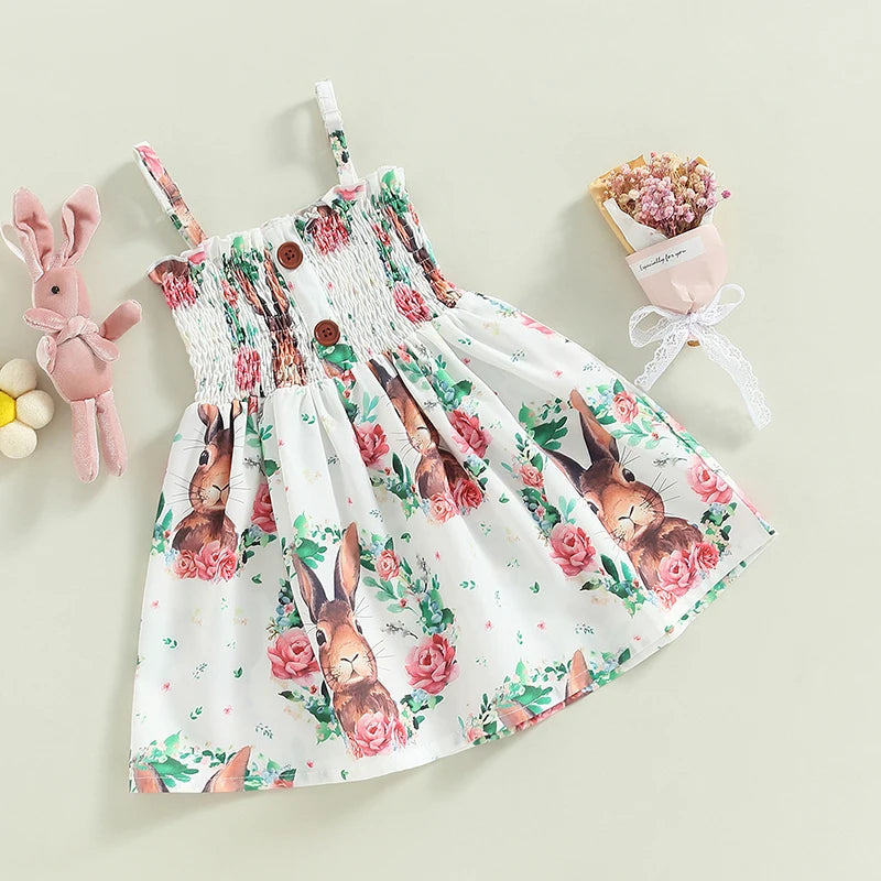 Easter Toddler Girls Dress Rabbit Floral Print Sleeveless Spaghetti Strap