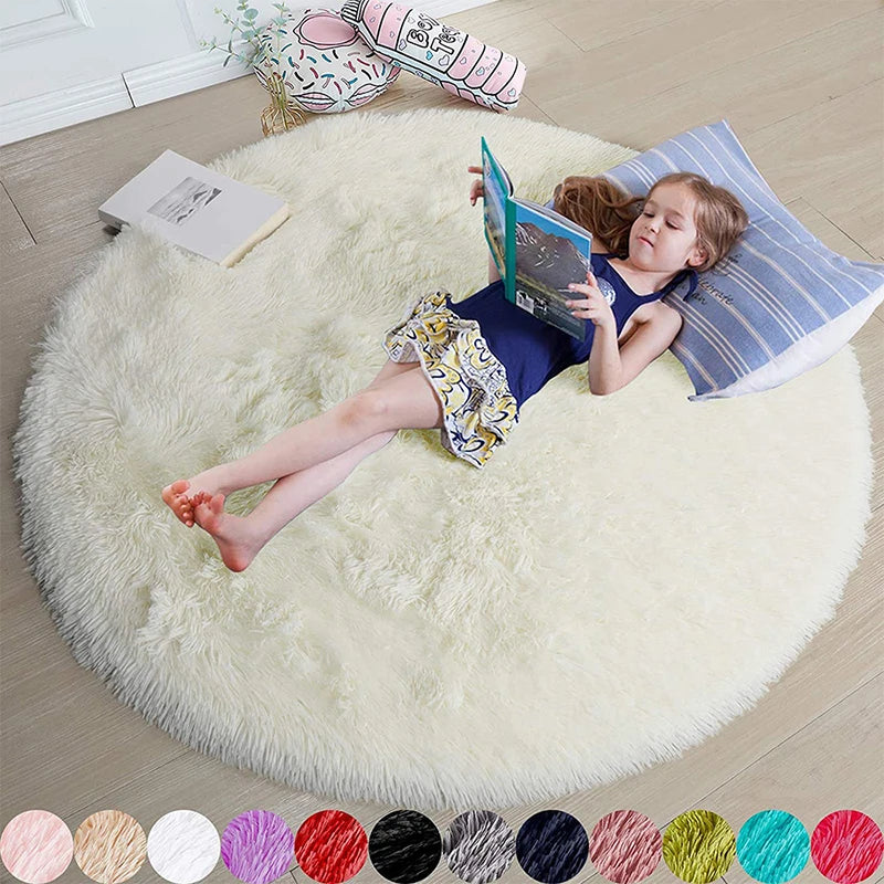 Fluffy Round Rugs For Girls Bedroom Soft Shaggy White Carpet In The