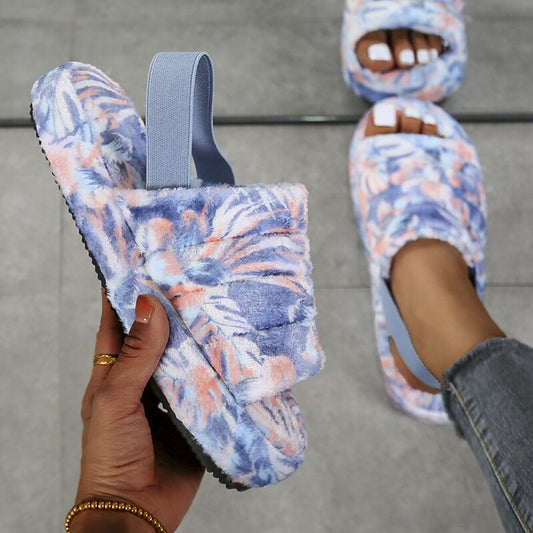 Winter Women Heel Slides Elastic Cloth Thick Sole Hair Slippers