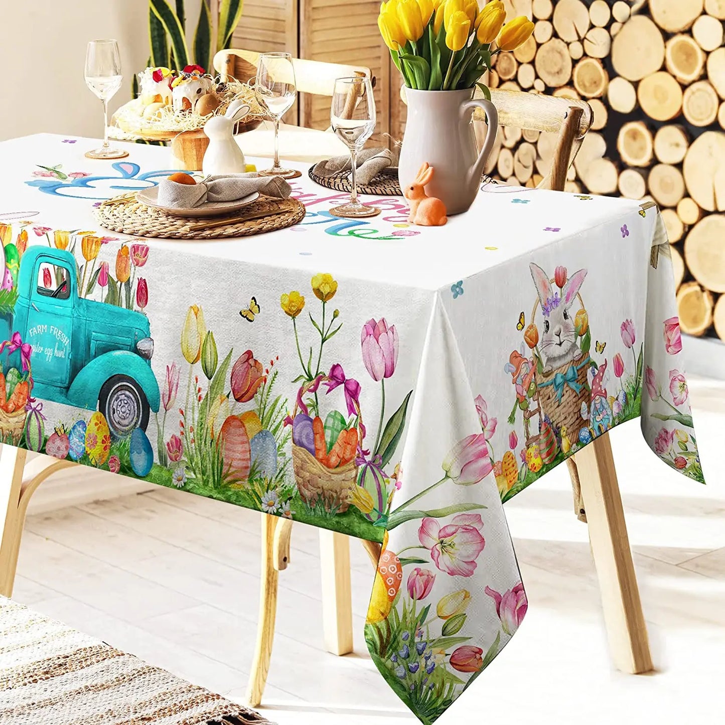 Easter Waterproof Tablecloth Decoration Bunny Egg Truck Tulip Print