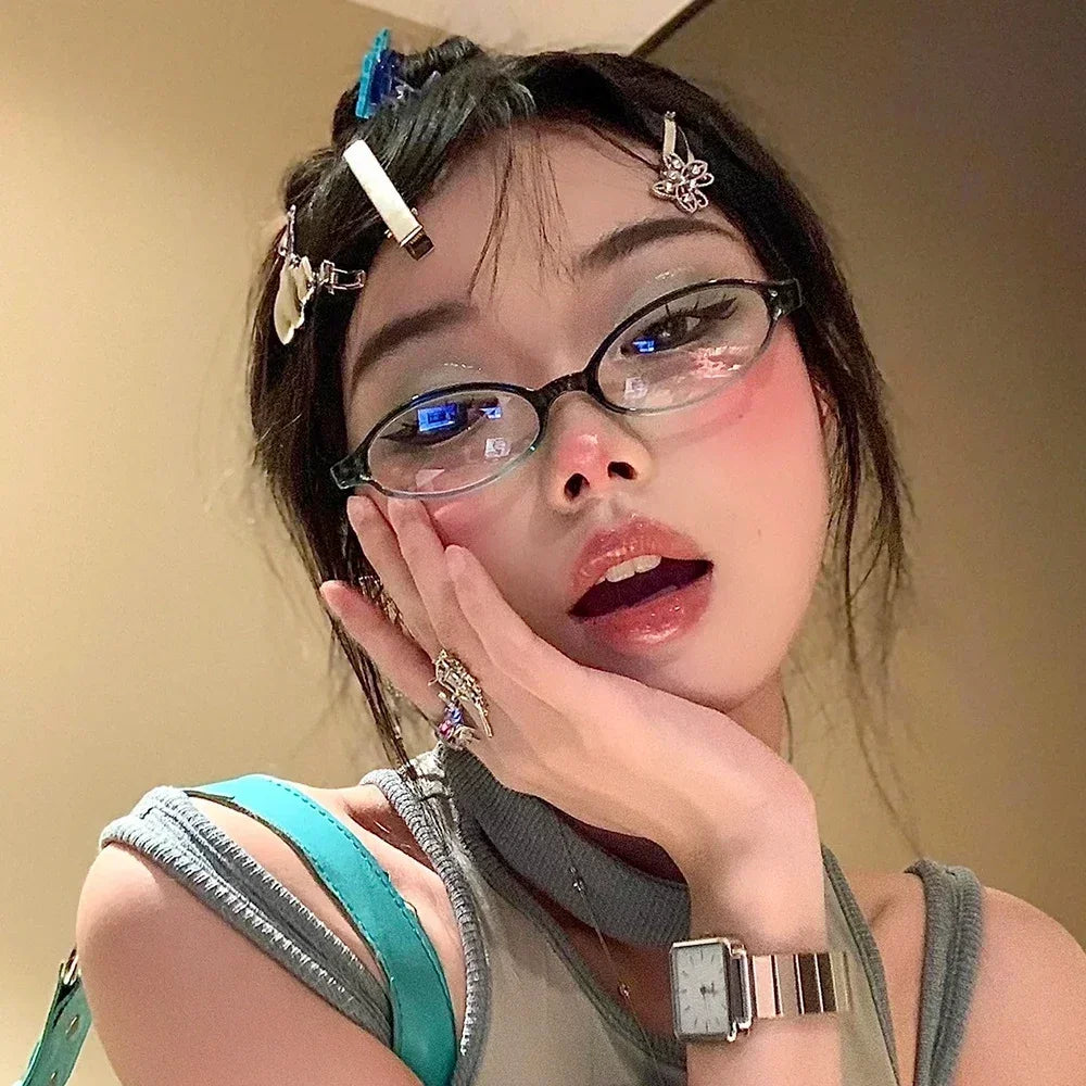 Retro Oval Glasses Women Girls Y2K Red Green Frame Glass Eyewear