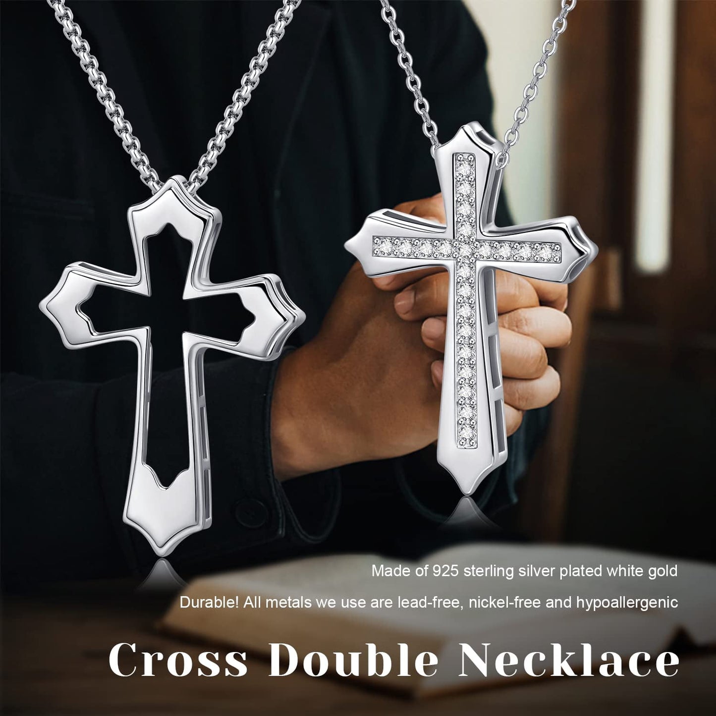 2PC Cross 925 Sterling Silver 2PC Cross Matching Pendant Necklace