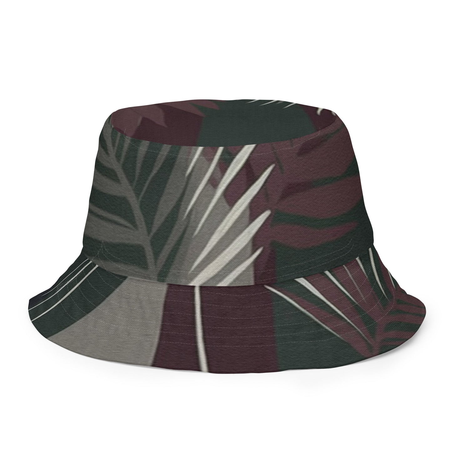 Reversible Bucket Hat Palm Tree Leaves Maroon Green Background
