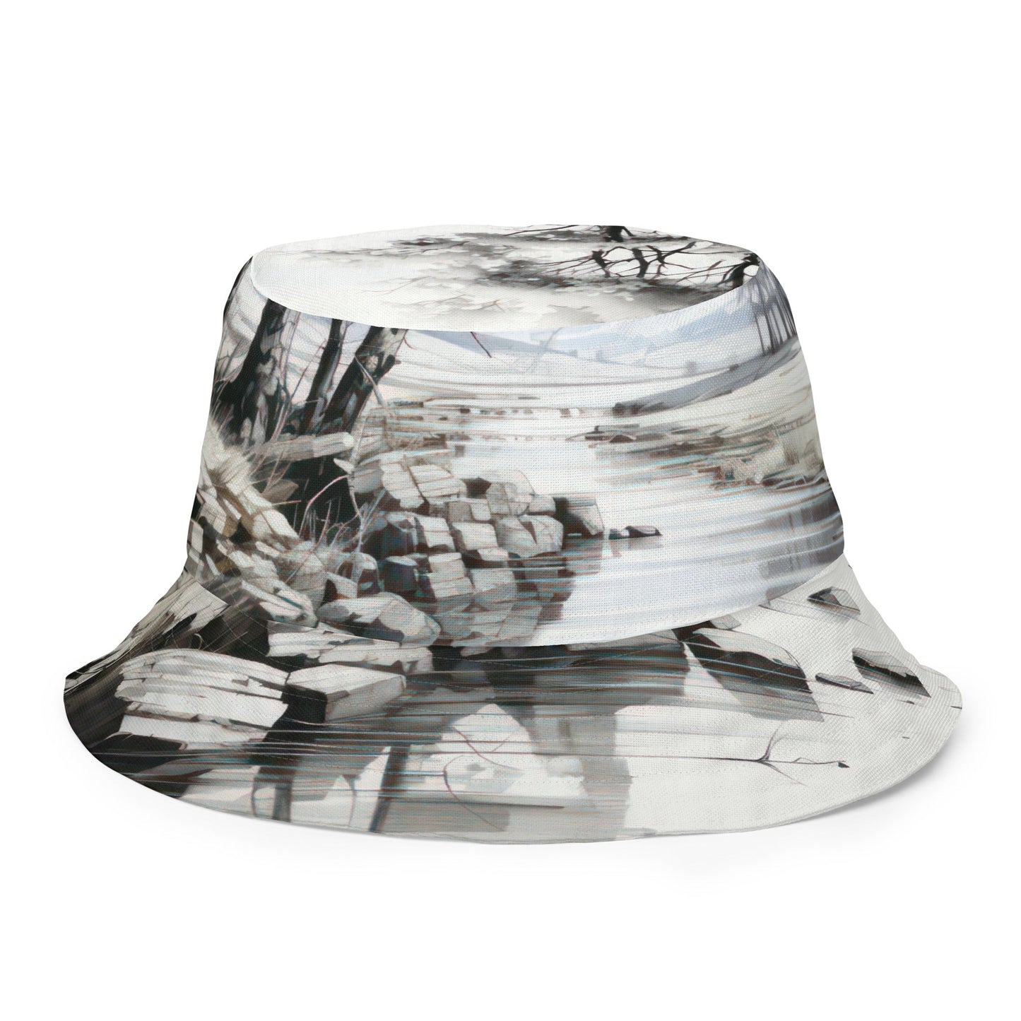 Reversible Bucket Hat Still Waters Watercolor Peaceful Lake Print
