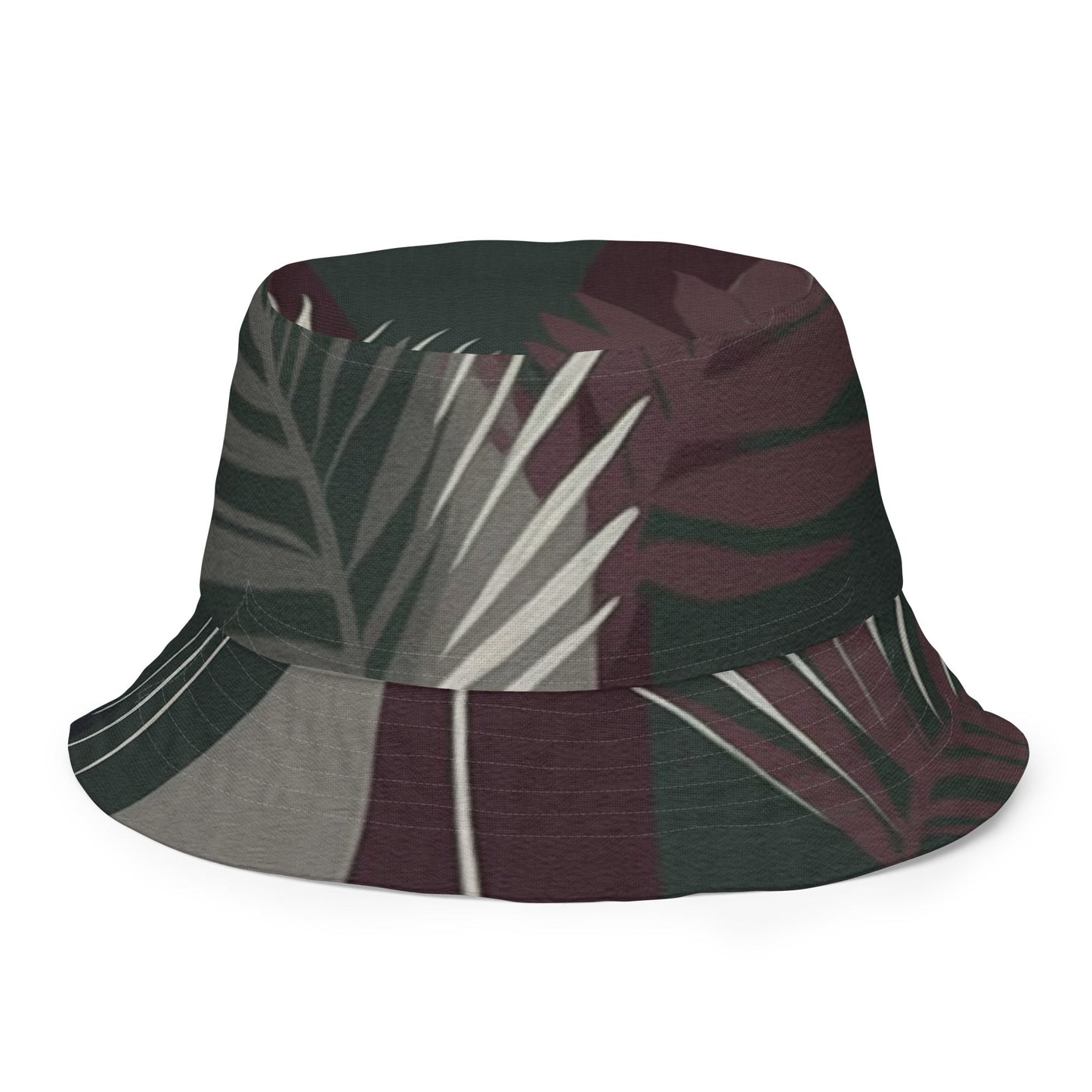 Reversible Bucket Hat Palm Tree Leaves Maroon Green Background