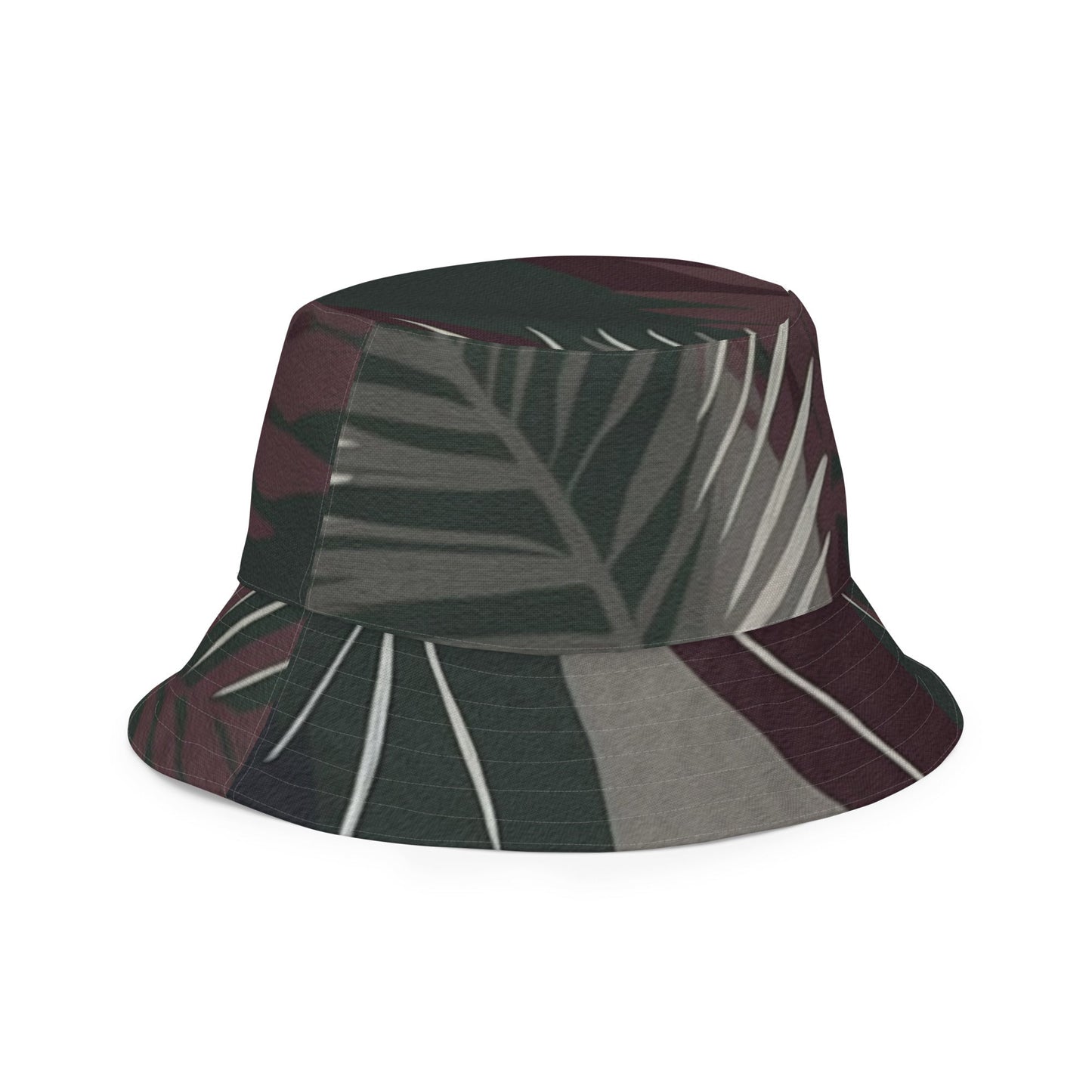 Reversible Bucket Hat Palm Tree Leaves Maroon Green Background