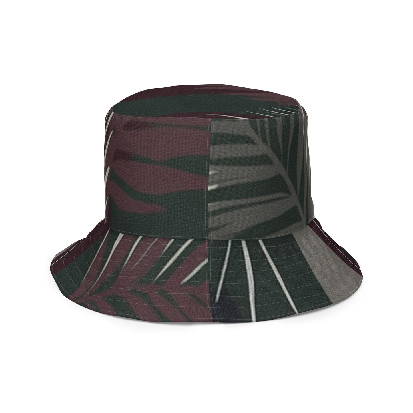 Reversible Bucket Hat Palm Tree Leaves Maroon Green Background