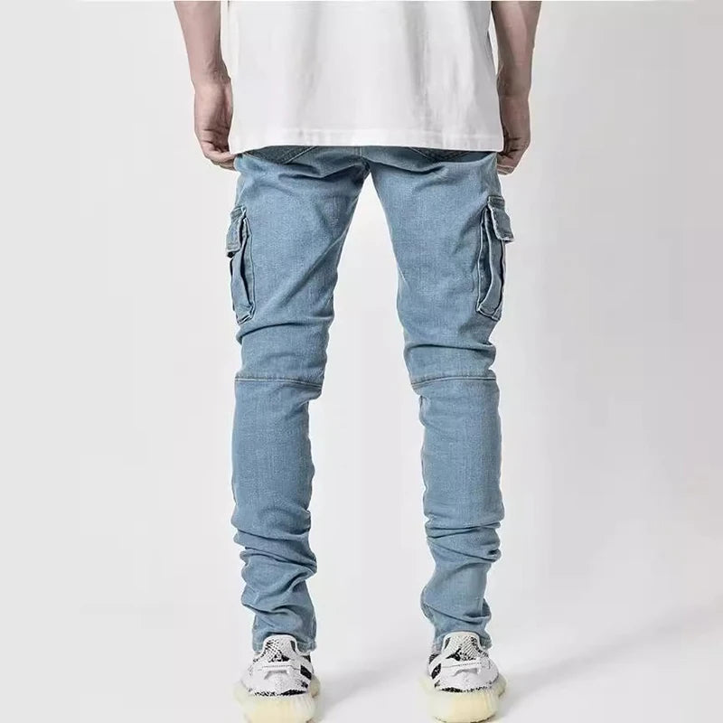 Stylish Tide Brand Men Cargo Narrow Leg Denim Pants Elastic Slim Fit Jeans Solid Color Multi Pockets