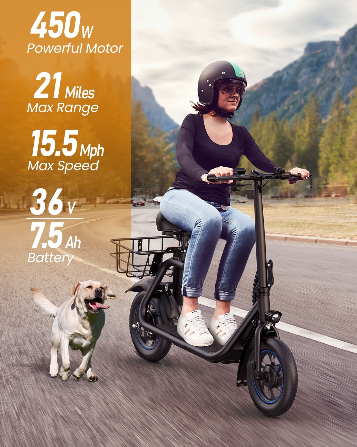 Kistp 450W Electric Scooter with Seat for Adult, 12 inch Commuter Electric Scooter with Basket - up to 21 Miles 15.5MPH