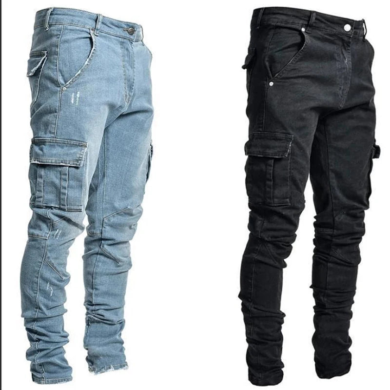 Stylish Tide Brand Men Cargo Narrow Leg Denim Pants Elastic Slim Fit Jeans Solid Color Multi Pockets