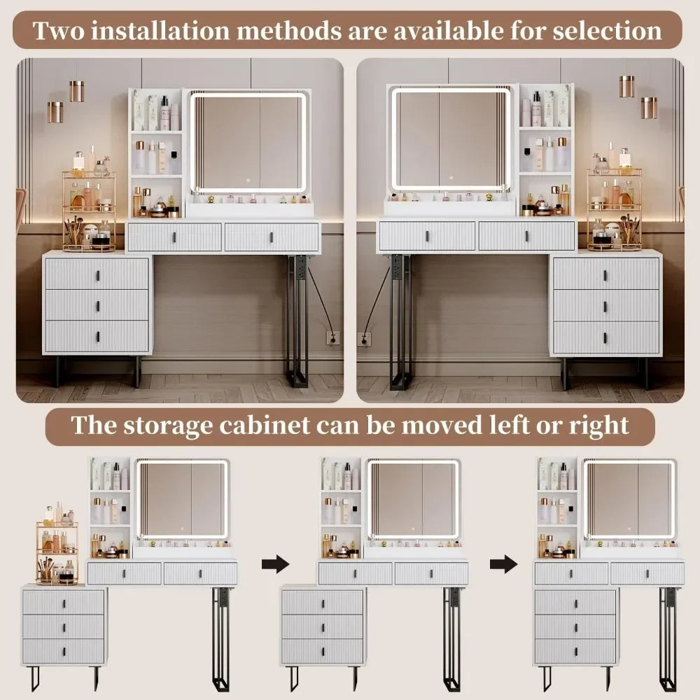 Vanity Desk Touch Screen Dimming Mirror, Charging Station, Storage Shelves, 5 Sliding Drawers
