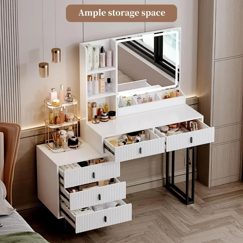 Vanity Desk Touch Screen Dimming Mirror, Charging Station, Storage Shelves, 5 Sliding Drawers