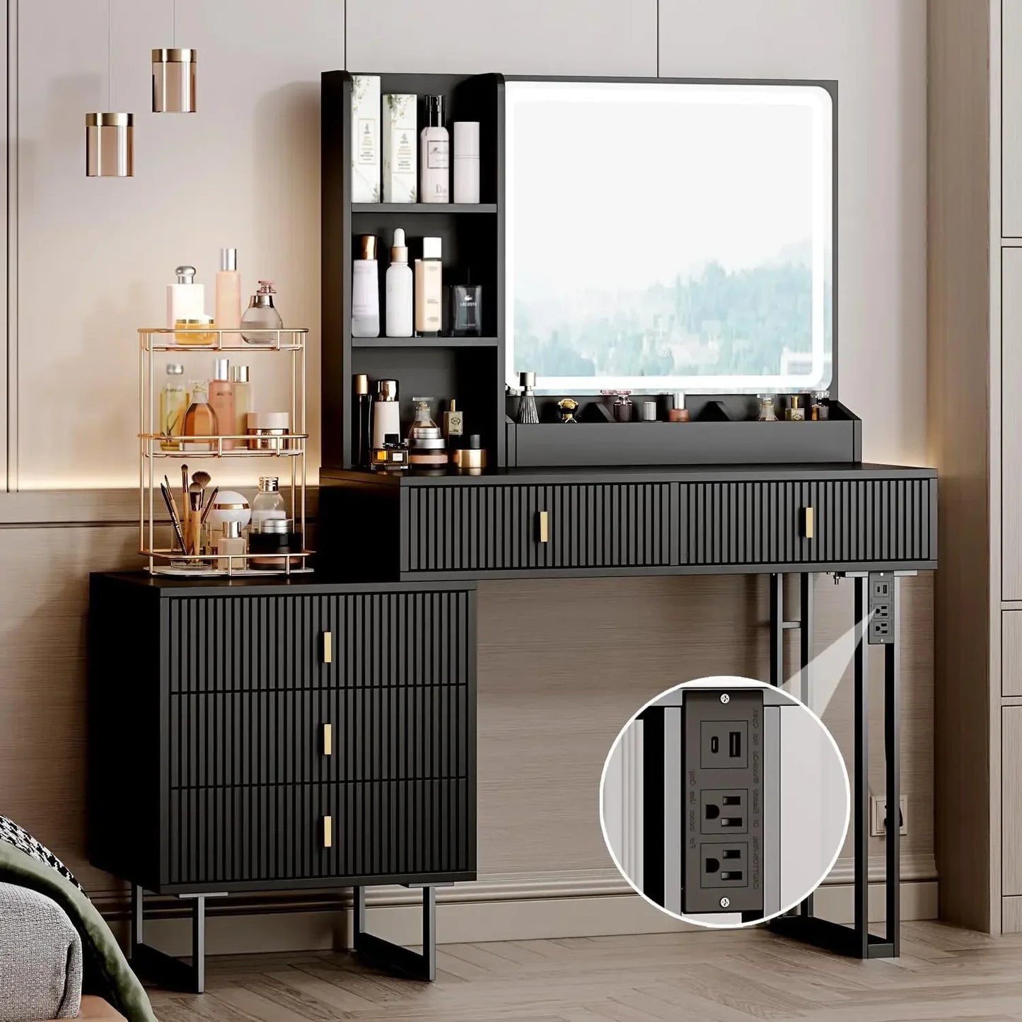 Vanity Desk Touch Screen Dimming Mirror, Charging Station, Storage Shelves, 5 Sliding Drawers