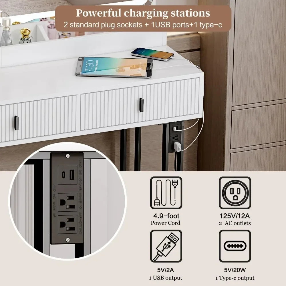 Vanity Desk Touch Screen Dimming Mirror, Charging Station, Storage Shelves, 5 Sliding Drawers