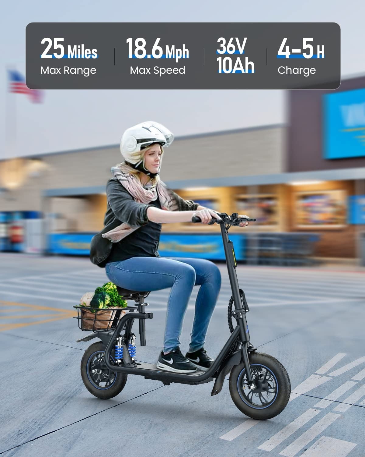 Kistp 450W Electric Scooter with Seat for Adult, 12 inch Commuter Electric Scooter with Basket - up to 21 Miles 15.5MPH