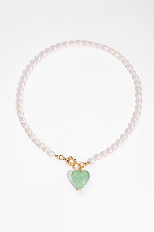 Esmée Lime Green Glaze Heart Pendant Pearl Necklace