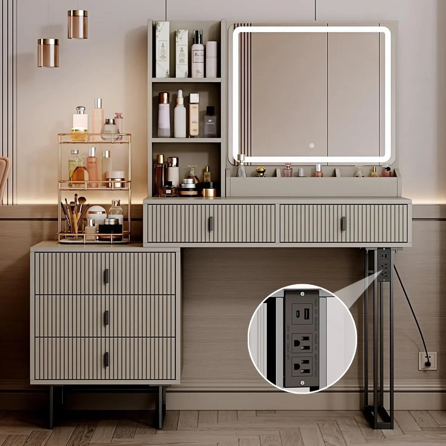 Vanity Desk Touch Screen Dimming Mirror, Charging Station, Storage Shelves, 5 Sliding Drawers
