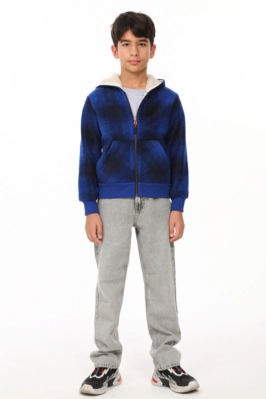 Kids Boys and Girls Sherpa Lined Full Zip Hooded Plaid Sweatshirt Jac