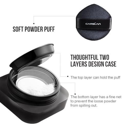 CARSLAN Waterproof Loose Setting Powder with Puff, Matte, Oil Control, Shine Free, Talc-Free Face Powder Makeup, 24H Longwear Finishing Powder, 01 for Dry skin (New Pack)