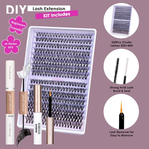Lash Extension Kit 72 Cluster Individual Lashes Natural with Lash Bond and Seal Super Hold Eyelash Tweezers Lash Glue Remover Easy to Remove Lash Clusters Kit DIY at Home 10-16mm C/D Curl - OP01
