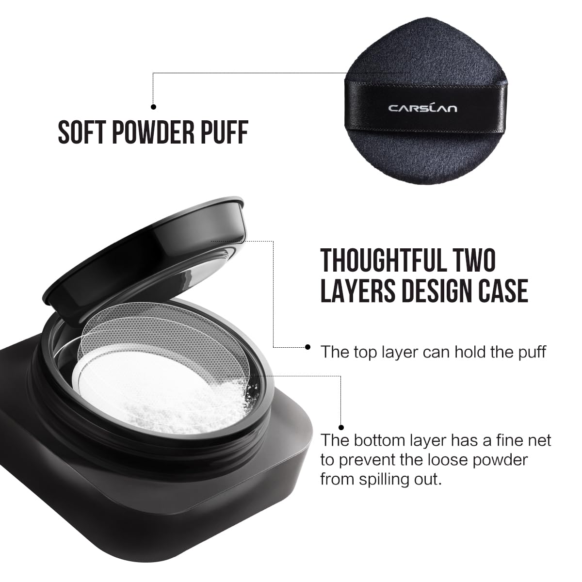 CARSLAN Waterproof Loose Setting Powder with Puff, Matte, Oil Control, Shine Free, Talc-Free Face Powder Makeup, 24H Longwear Finishing Powder, 01 for Dry skin (New Pack)